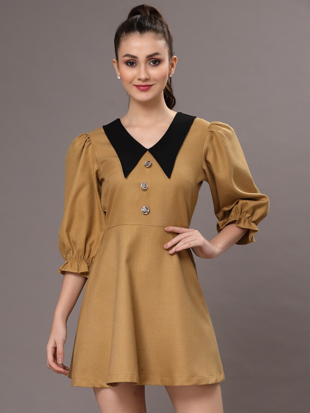 

KASSUALLY Chelsea Collar Puff Sleeve Mini A-Line Dress, Mustard