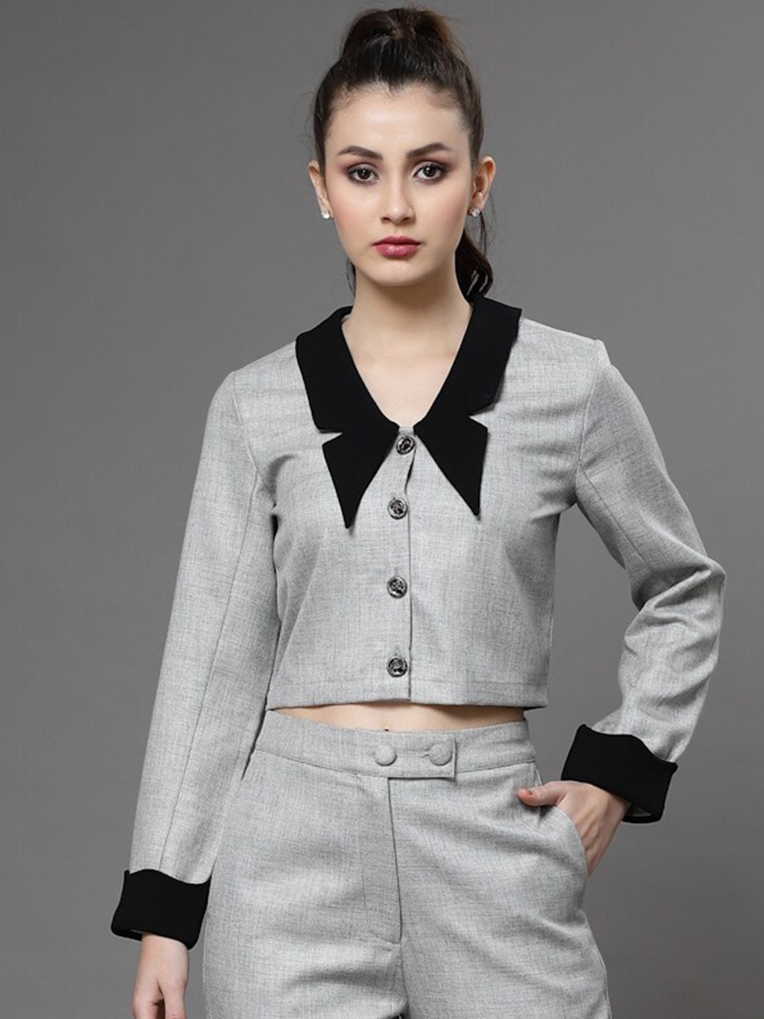 

KASSUALLY Contrast Collar Crop Casual Shirt, Grey