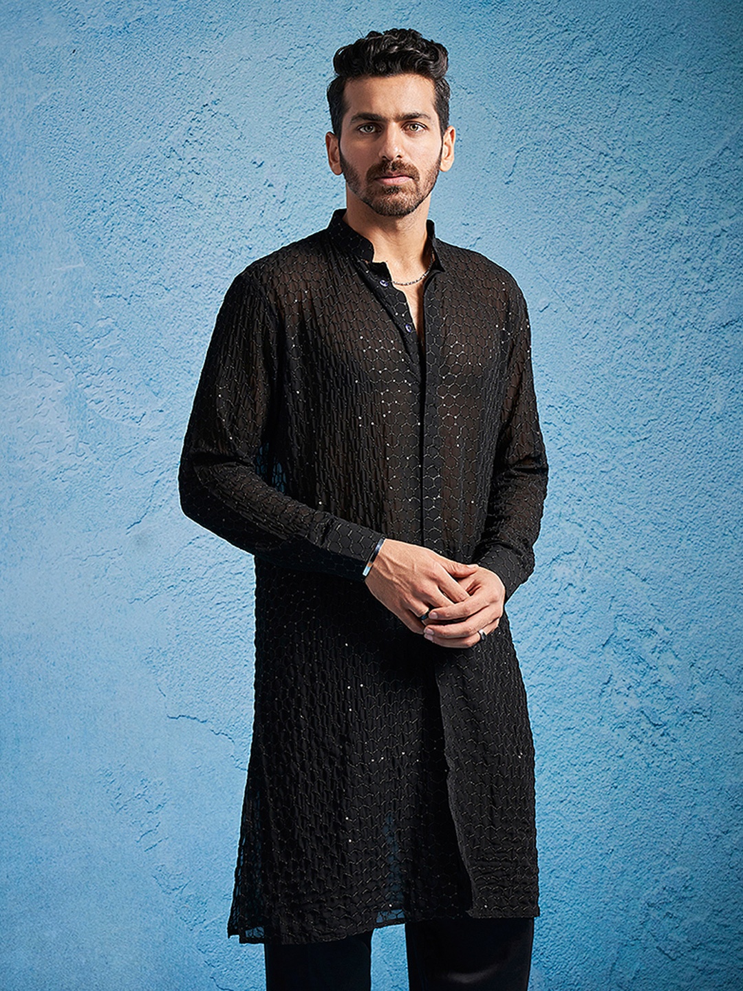 

VASTRAMAY Men Georgette Sequence Semi Sheer Kurta, Black