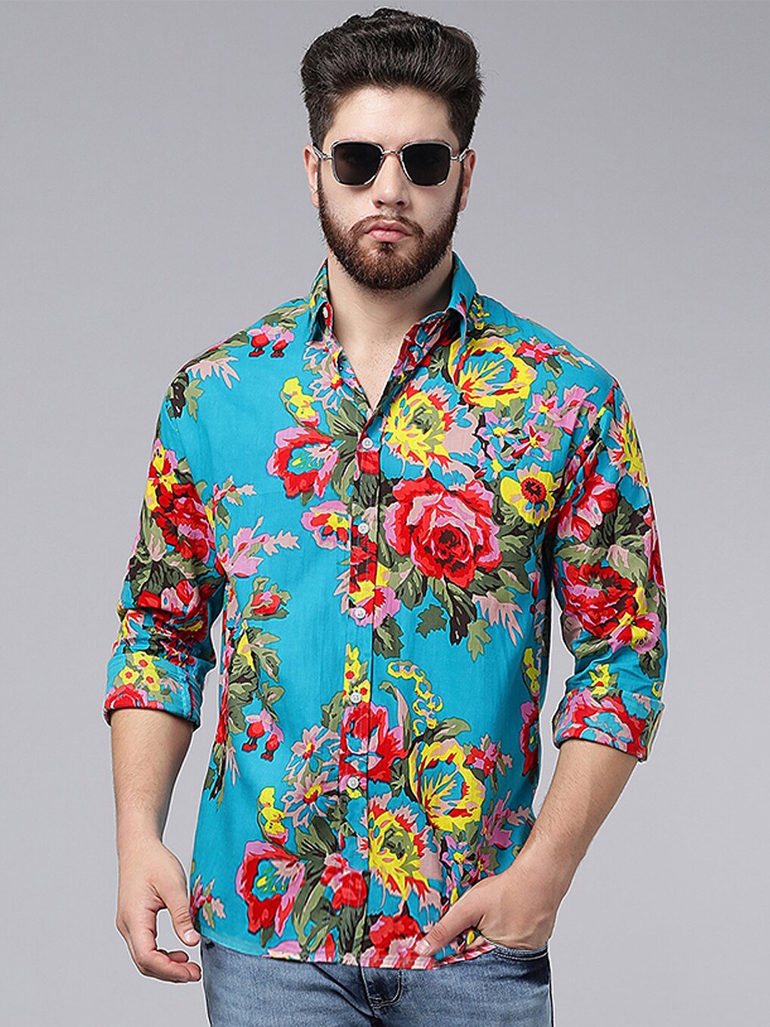 

A.T.U.N. Classic Fit Floral Printed Opaque Casual Pure Cotton Shirt, Turquoise blue