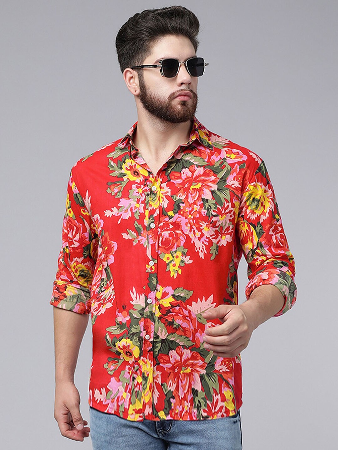 

A.T.U.N. Classic Fit Floral Printed Opaque Casual Pure Cotton Shirt, Red