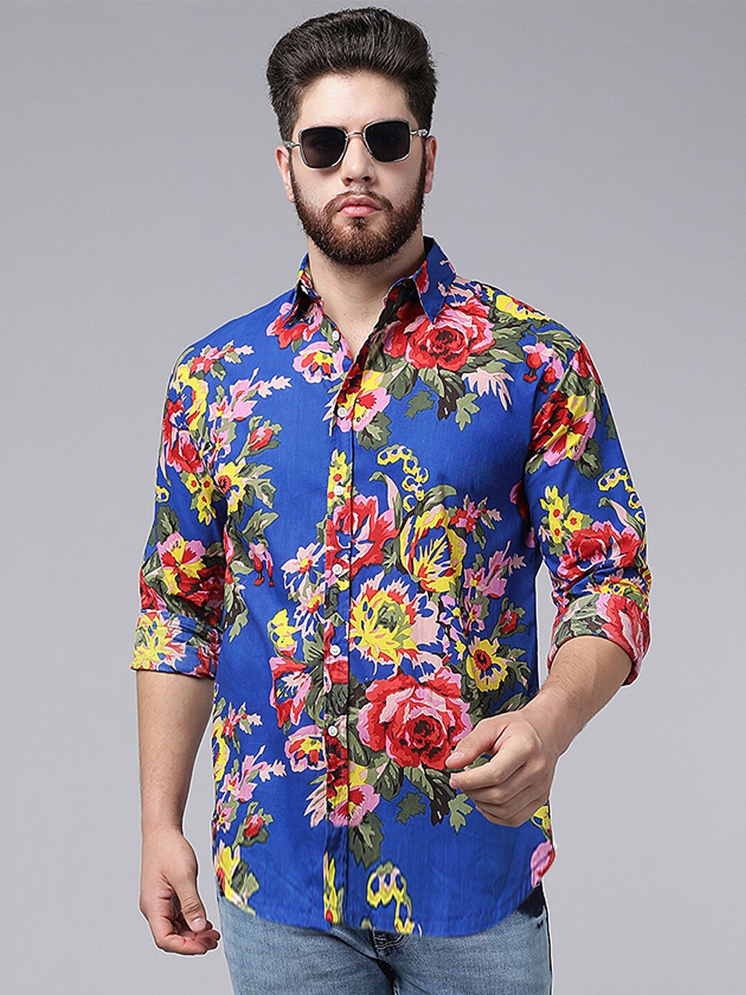 

A.T.U.N. Classic Fit Floral Printed Opaque Casual Pure Cotton Shirt, Blue