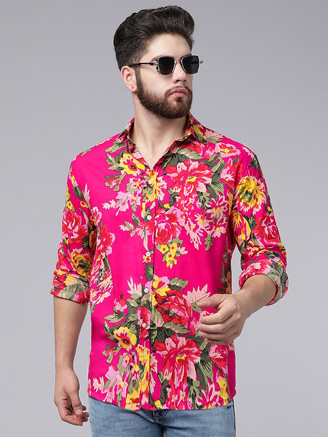 

A.T.U.N. Classic Fit Floral Printed Opaque Casual Pure Cotton Shirt, Fuchsia