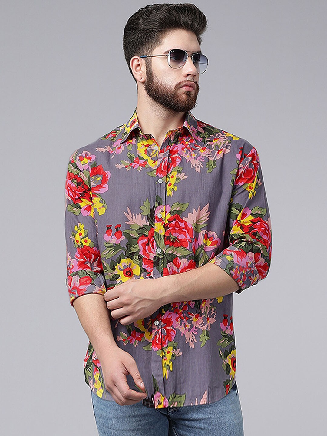 

A.T.U.N. Classic Fit Floral Printed Opaque Casual Pure Cotton Shirt, Grey