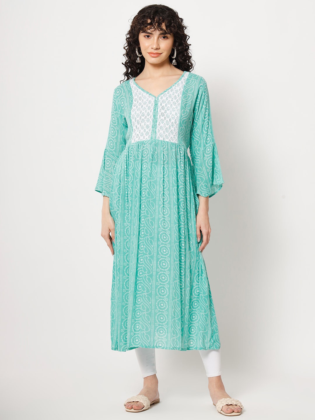 

Aujjessa Ethnic Motifs Printed Bell Sleeves Thread Work Maternity Anarkali Kurta, Sea green