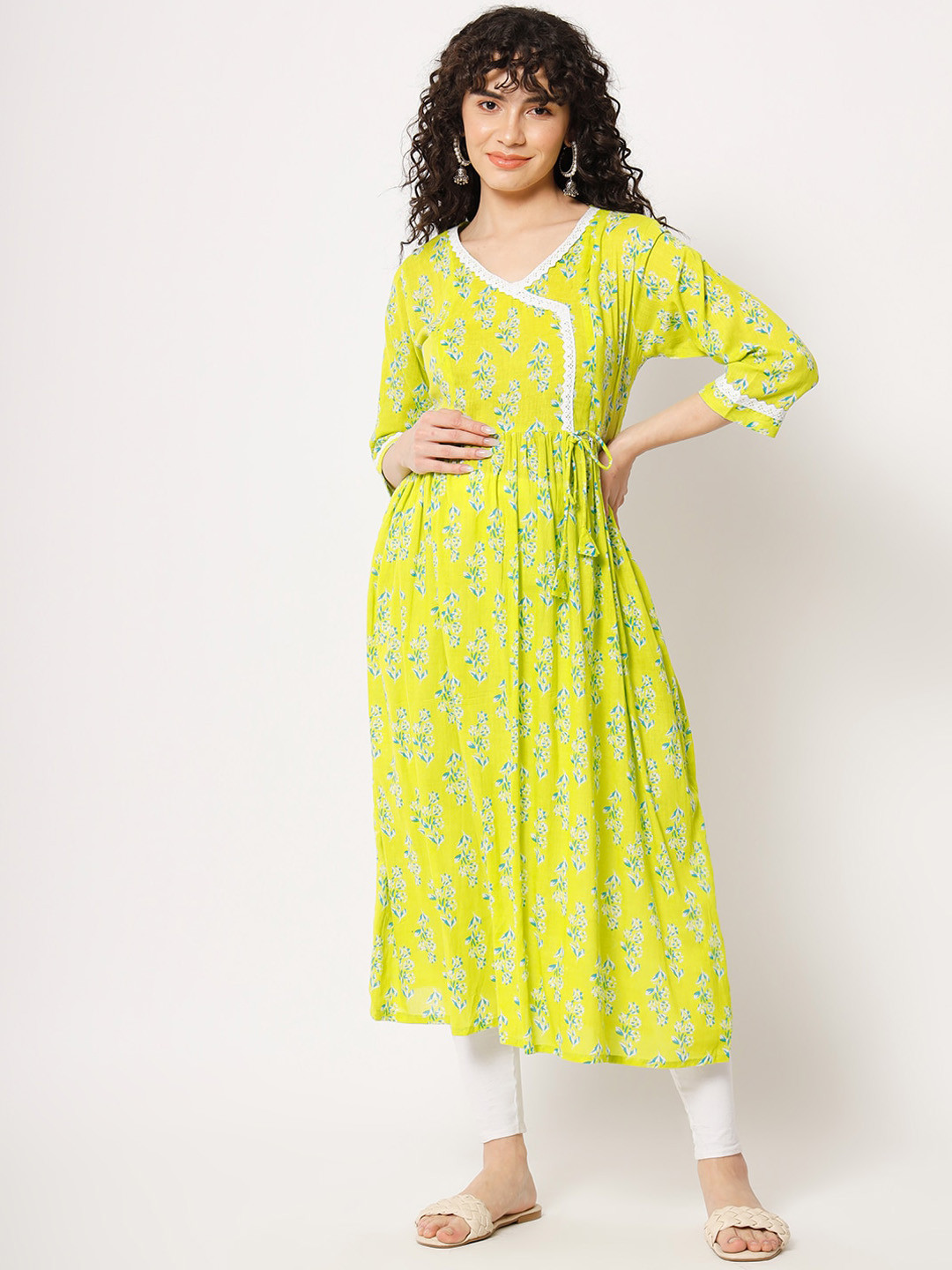 

Aujjessa Floral Printed Maternity Anarkali Cotton Kurta, Lime green