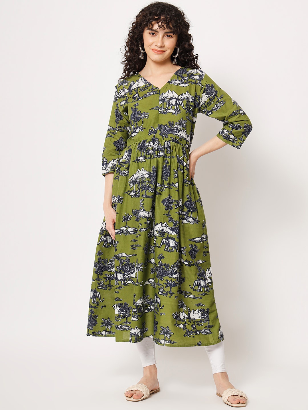 

Aujjessa Quirky Printed Maternity Anarkali Cotton Kurta, Olive