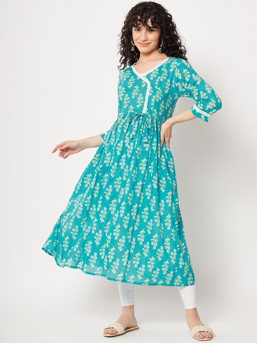 

Aujjessa Floral Printed Maternity Anarkali Cotton Kurta, Turquoise blue
