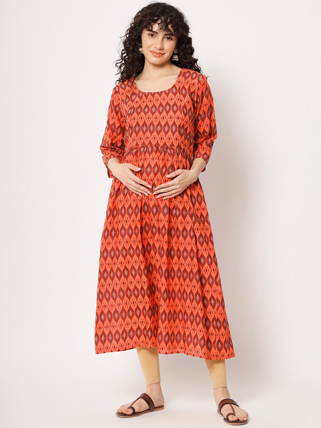 

Aujjessa Ethnic Motifs Printed Maternity Anarkali Cotton Kurta, Orange