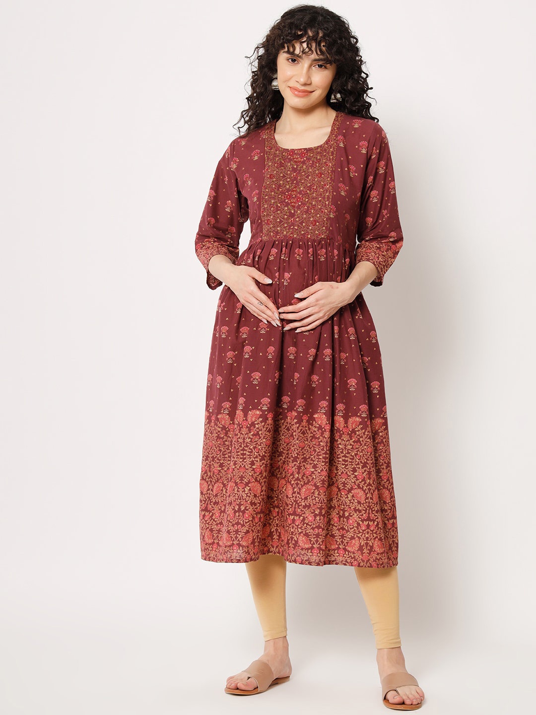 

Aujjessa Floral Printed Maternity Anarkali Cotton Kurta, Maroon