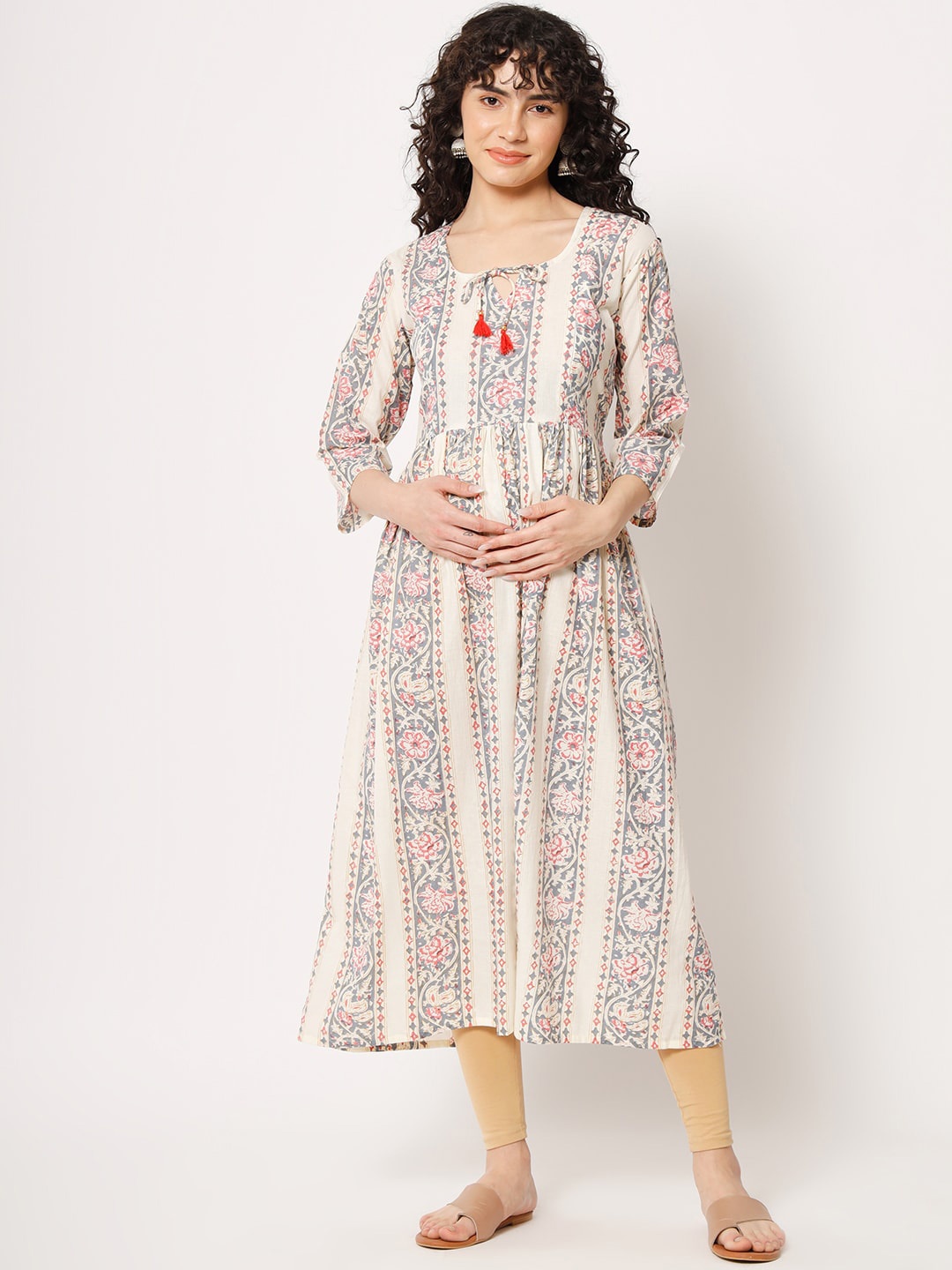 

Aujjessa Ethnic Motifs Printed Maternity Anarkali Cotton Kurta, Cream