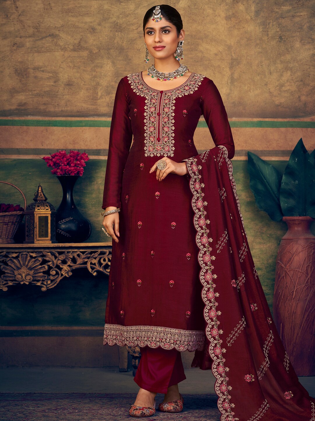 

Stylee LIFESTYLE Embroidered Pure Silk Unstitched Dress Material, Maroon