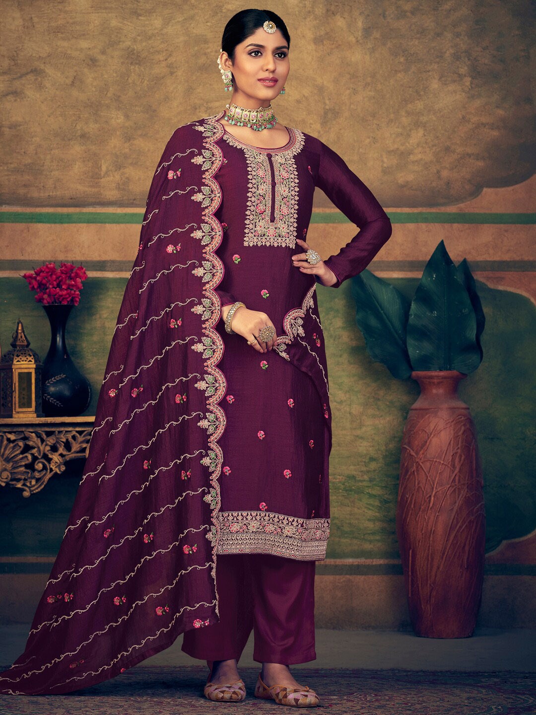 

Stylee LIFESTYLE Embroidered Pure Silk Unstitched Dress Material, Burgundy