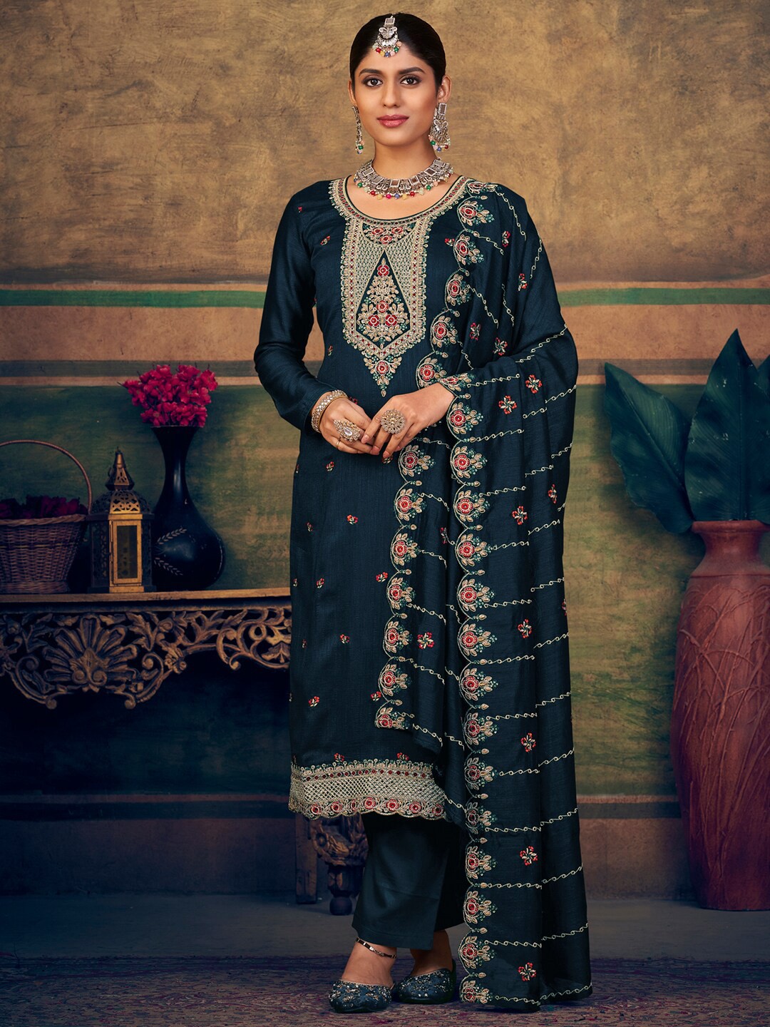 

Stylee LIFESTYLE Embroidered Pure Silk Unstitched Dress Material, Navy blue