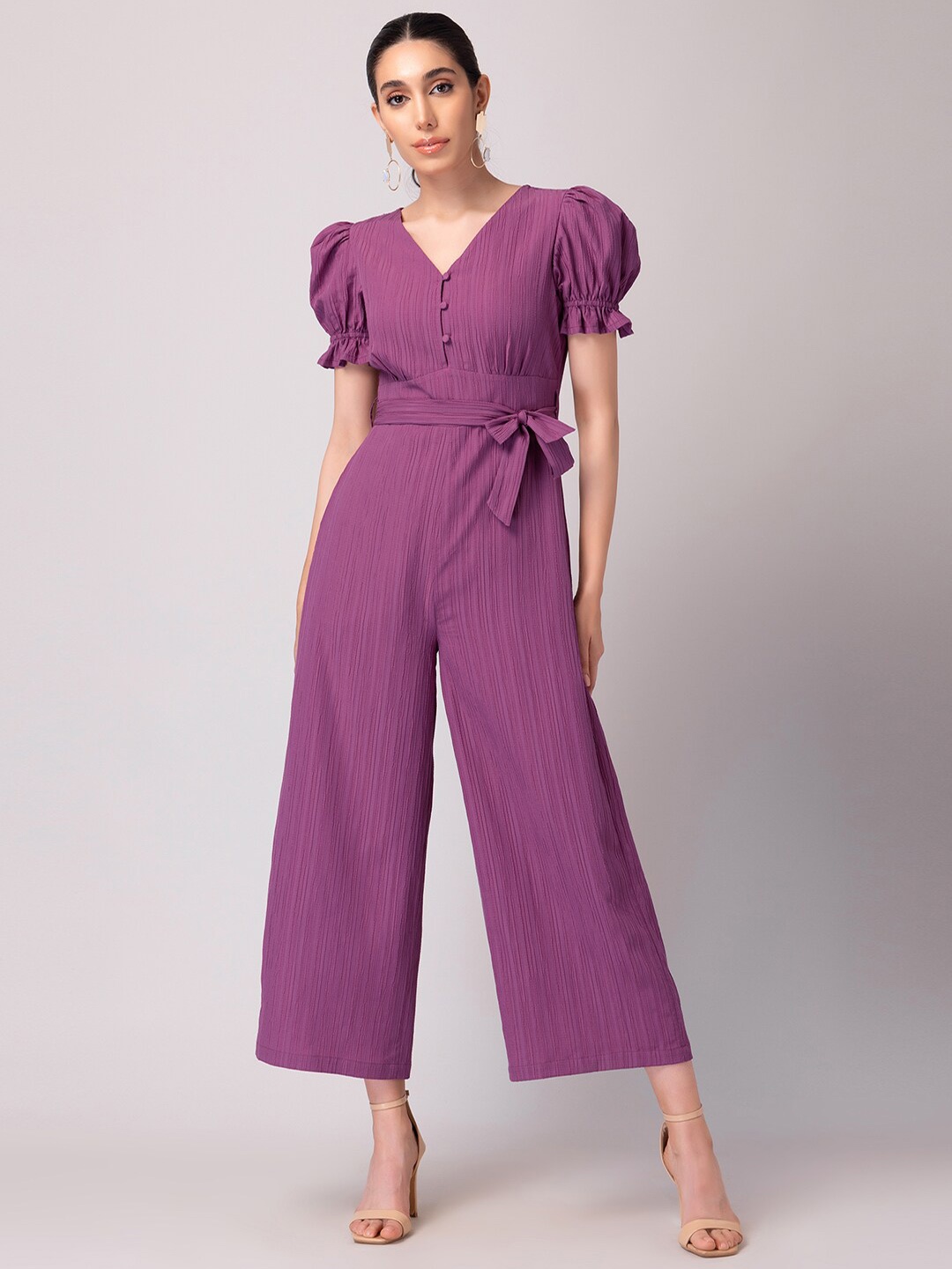 

FabAlley Puff Sleeves V-Neck Basic Jumpsuit With Belt, Purple