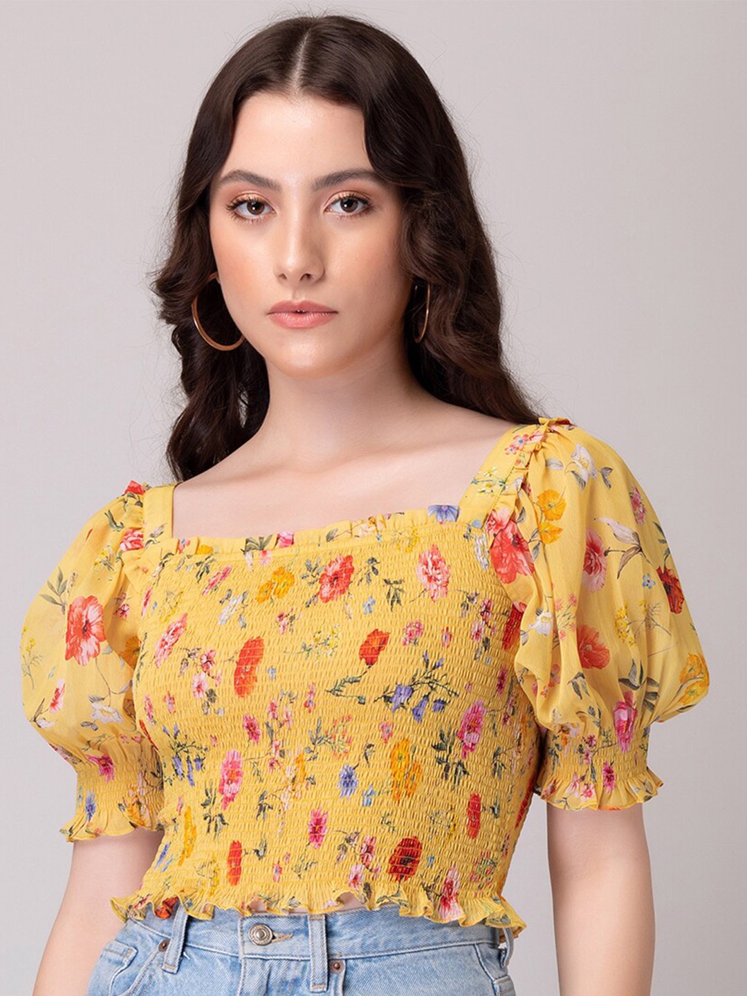 

FabAlley Floral Printed Smocked Puff Sleeve Fitted Top, Yellow