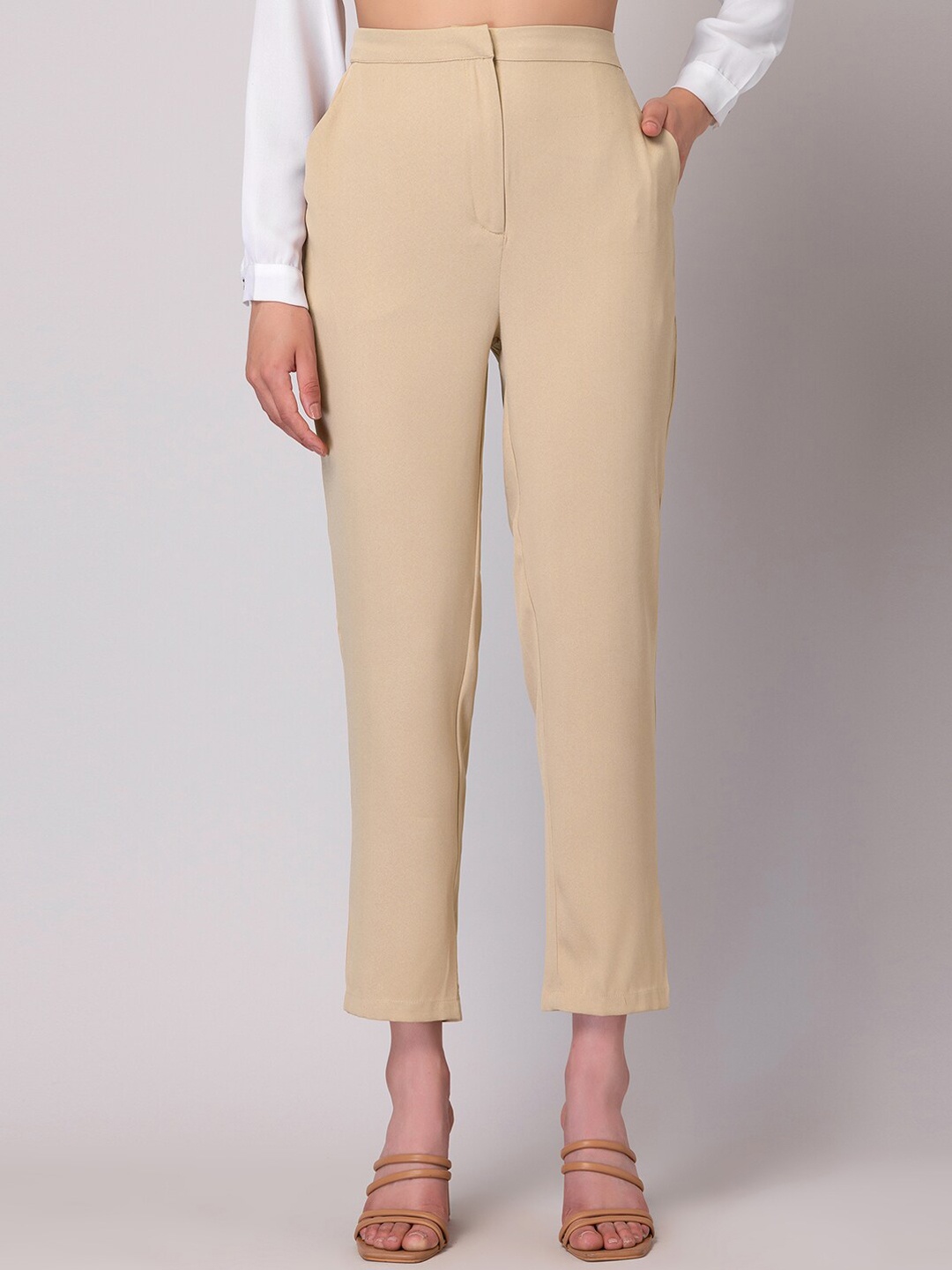 

FabAlley Women High-Rise Tapered Fit Trousers, Beige