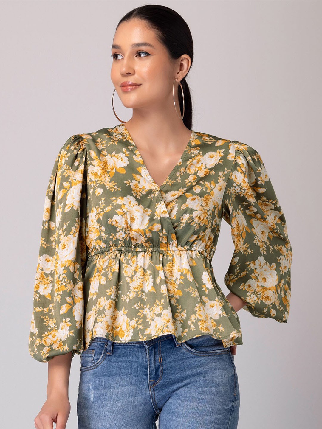 

FabAlley Floral Printed Puff Sleeve Peplum Top, Olive