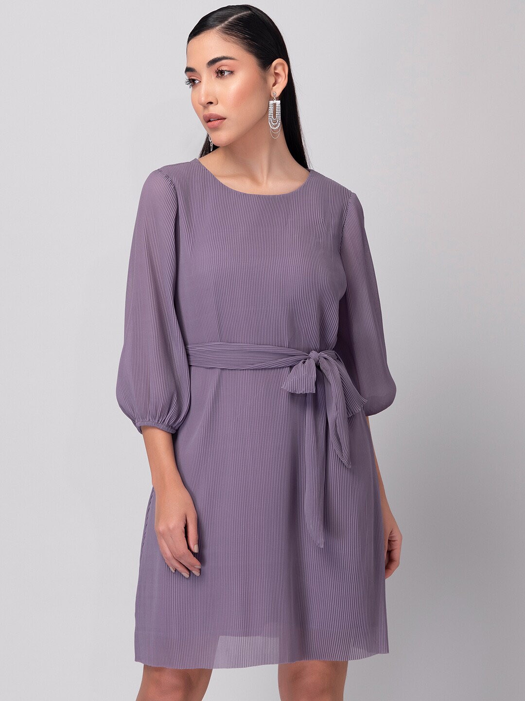 

FabAlley Puff Sleeve Georgette Fit & Flare Dress, Purple