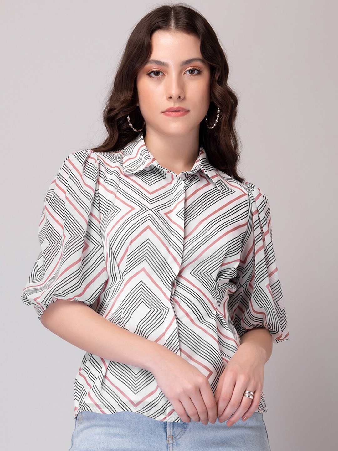 

FabAlley Geometric Printed Puff Sleeve Shirt Style Top, White