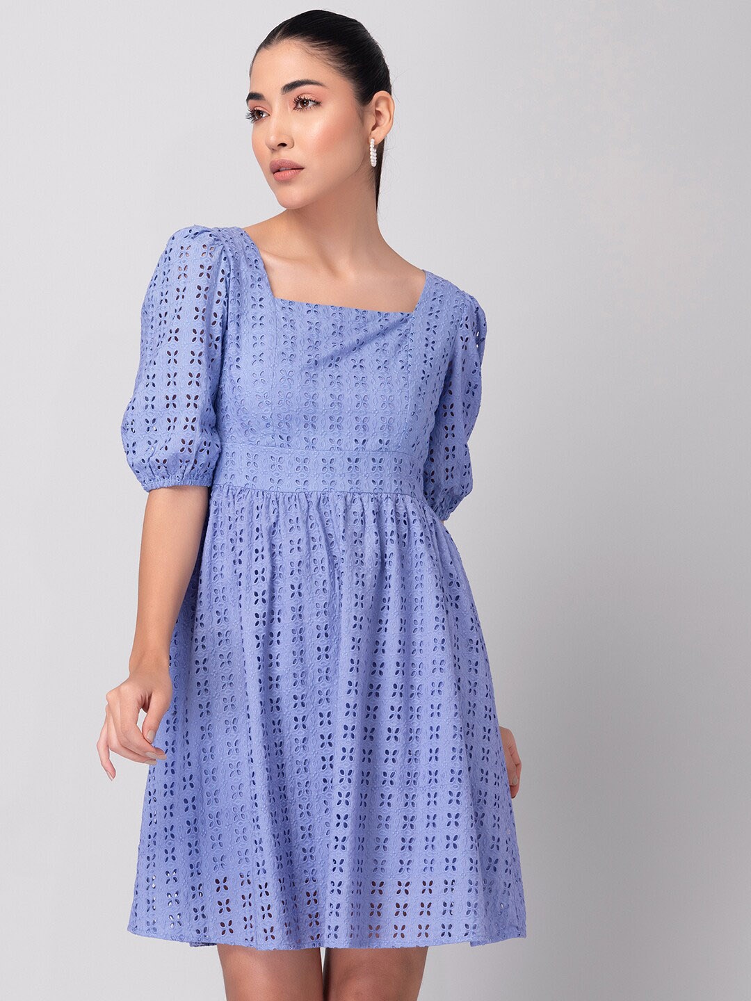 

FabAlley Puff Sleeve Empire Cotton Dress, Blue