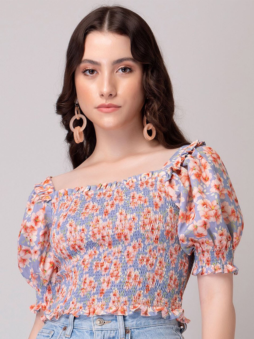 

FabAlley Floral Printed Smocked Puff Sleeve Fitted Top, Blue
