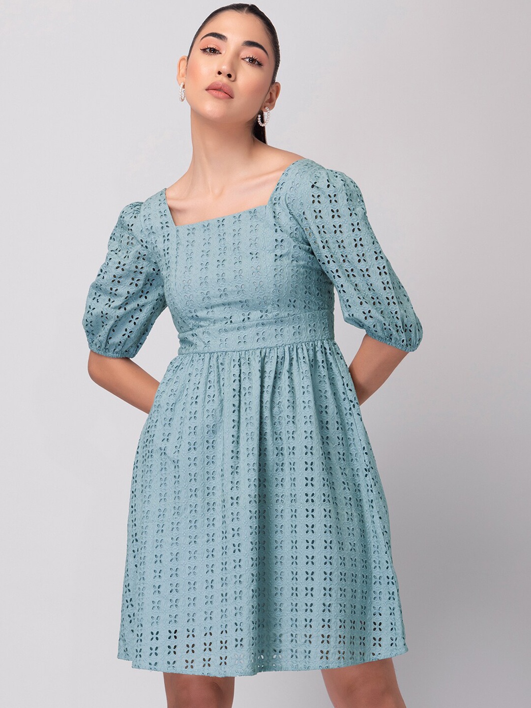 

FabAlley Blue Puff Sleeve Fit & Flare Dress