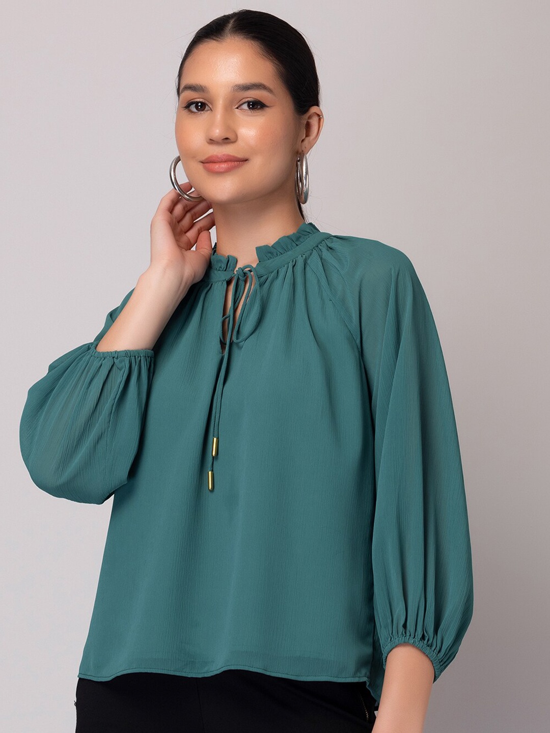 

FabAlley Tie-Up Neck Puff Sleeve Top, Green