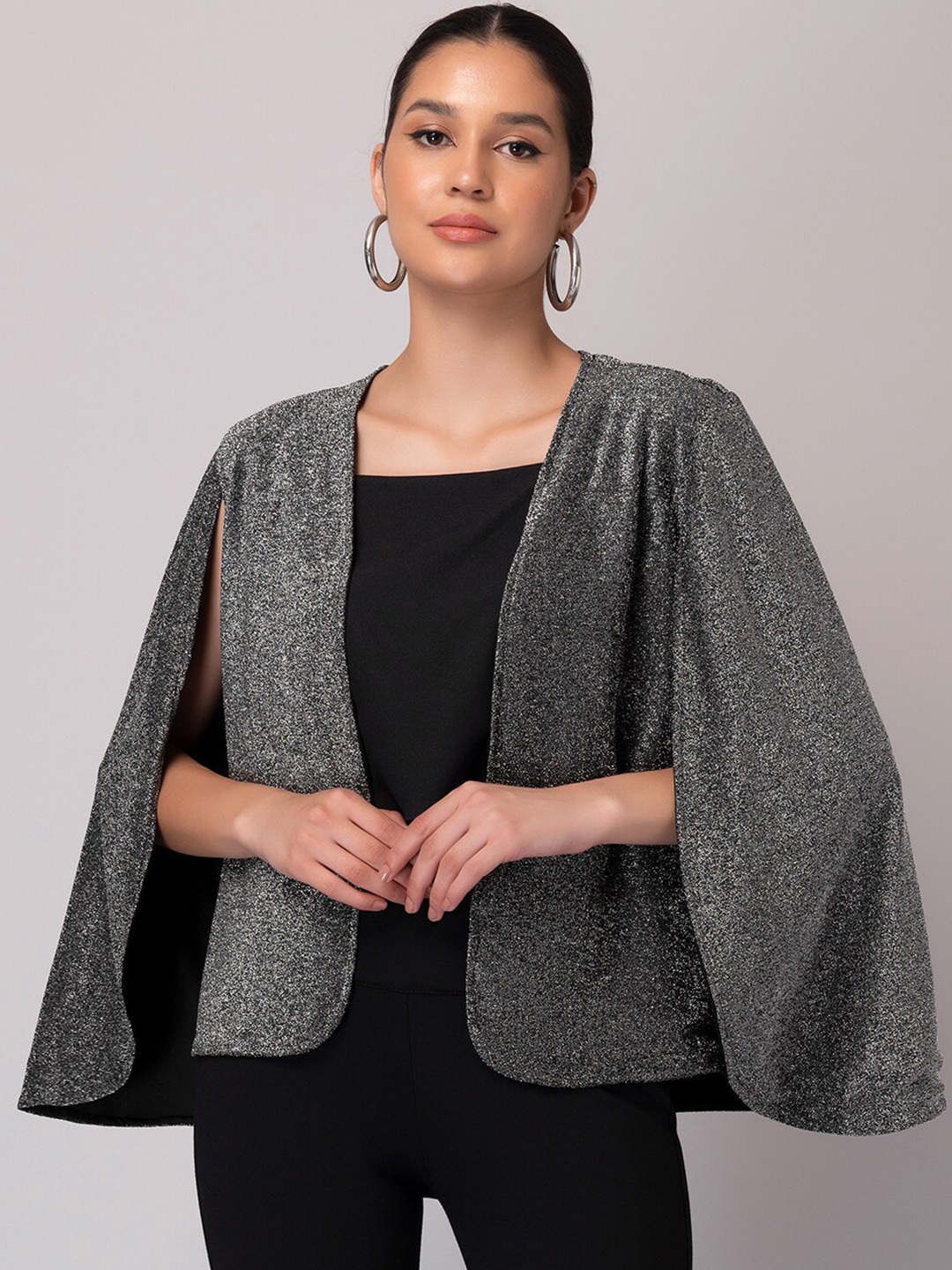 

FabAlley Women Self Design Slit Sleeves Open Front Shrug, Grey