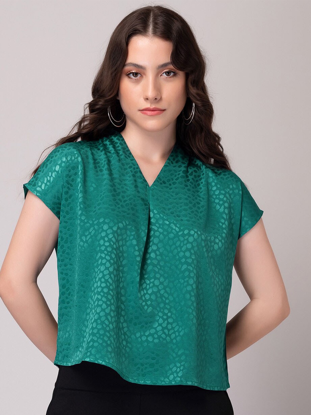 

FabAlley Self Design Extended Sleeves Top, Green