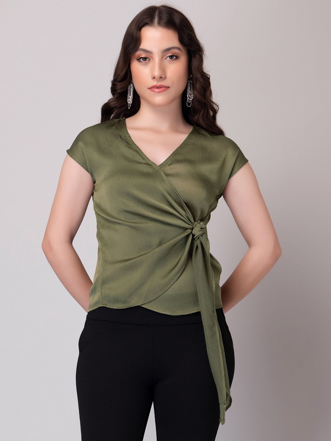 

FabAlley V-Neck Georgette Wrap Top, Olive
