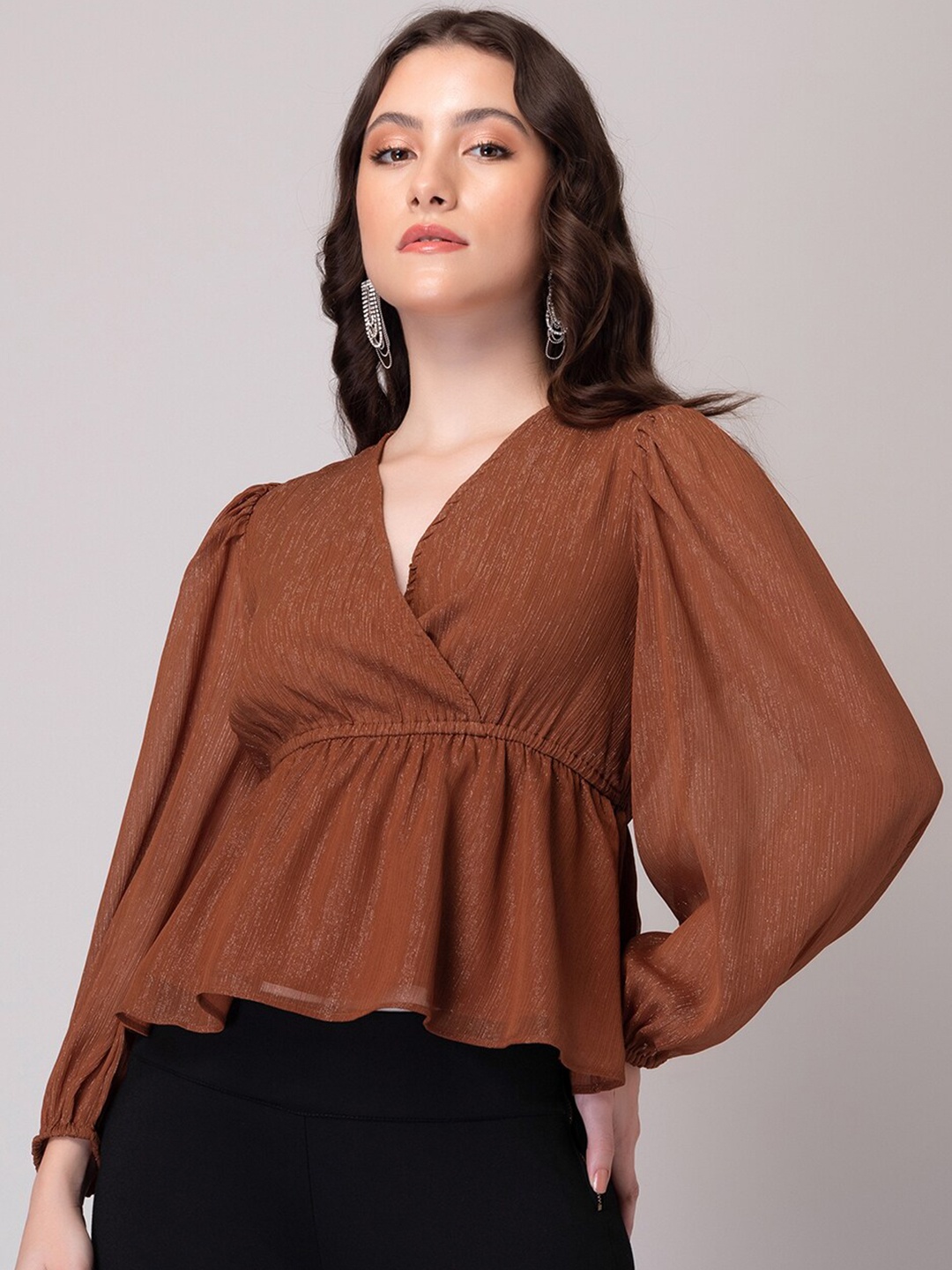 

FabAlley V-Neck Bishop Sleeves Georgette Peplum Top, Brown