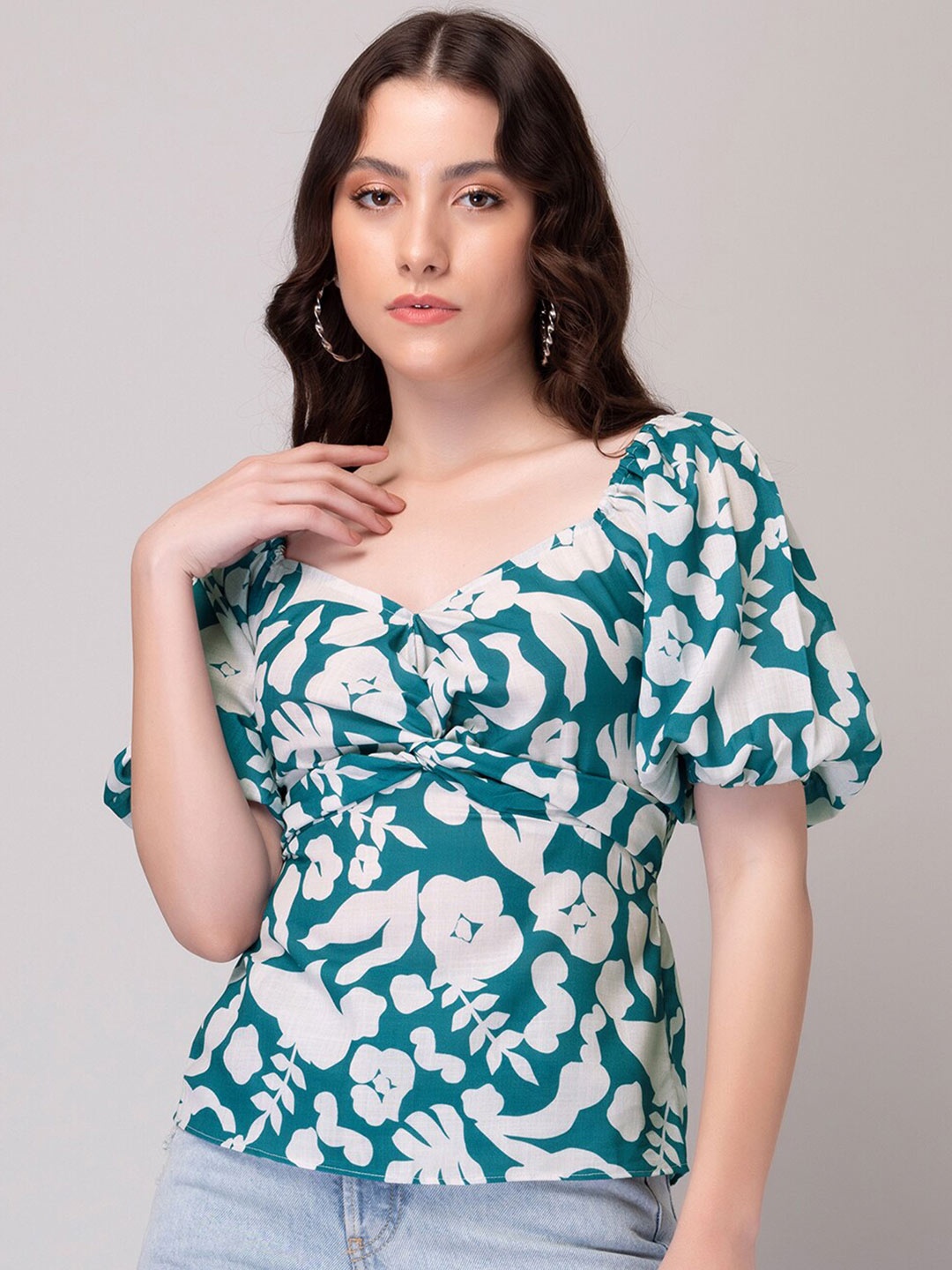 

FabAlley Floral Printed Puff Sleeve Smocked Peplum Top, Green