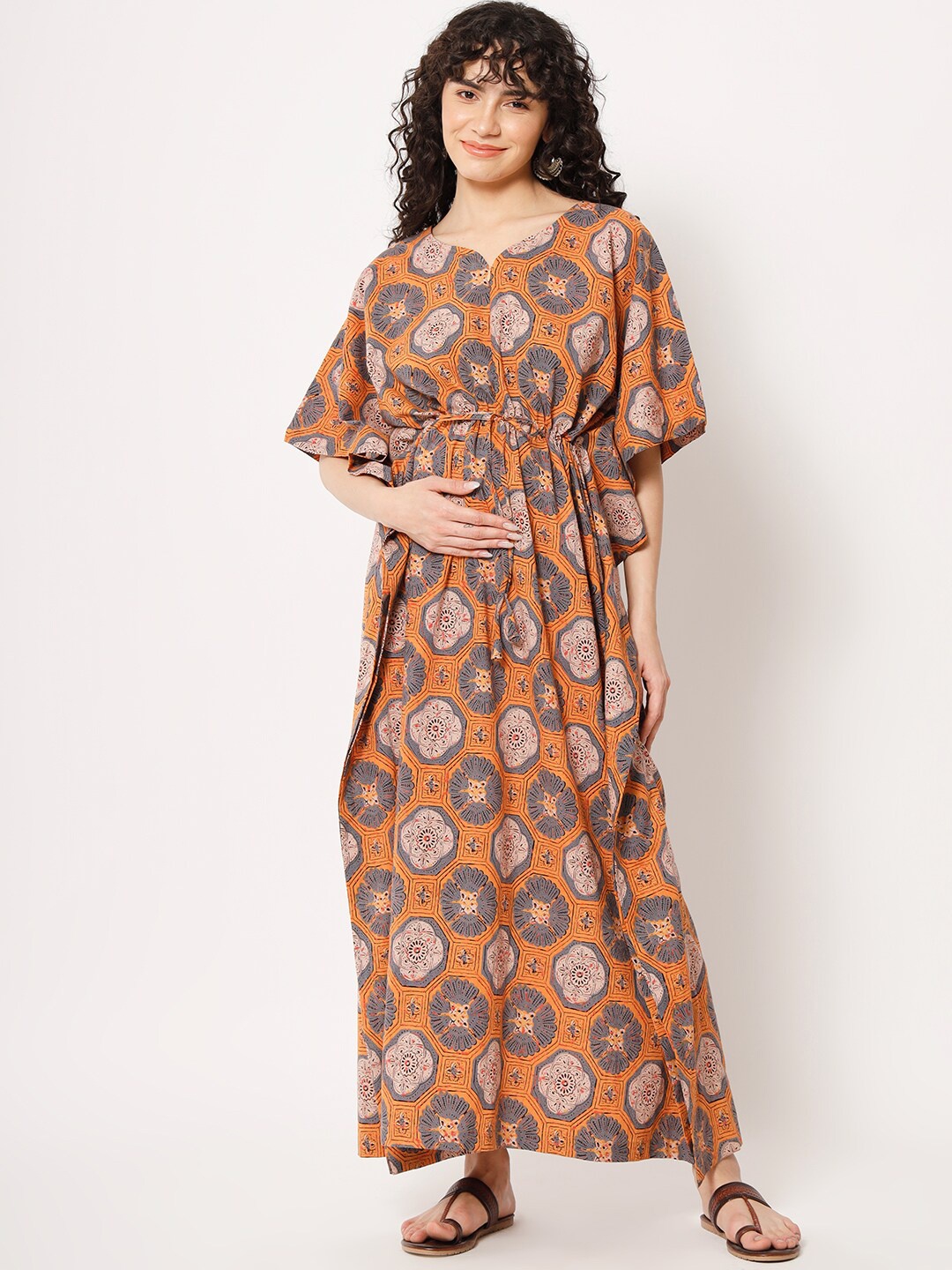 

Aujjessa Ethnic Motifs Print Maternity Maxi Dress, Rust