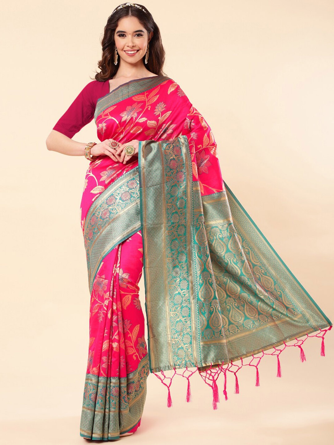 

Wuxi Floral Woven Design Zari Pure Silk Banarasi Saree, Pink