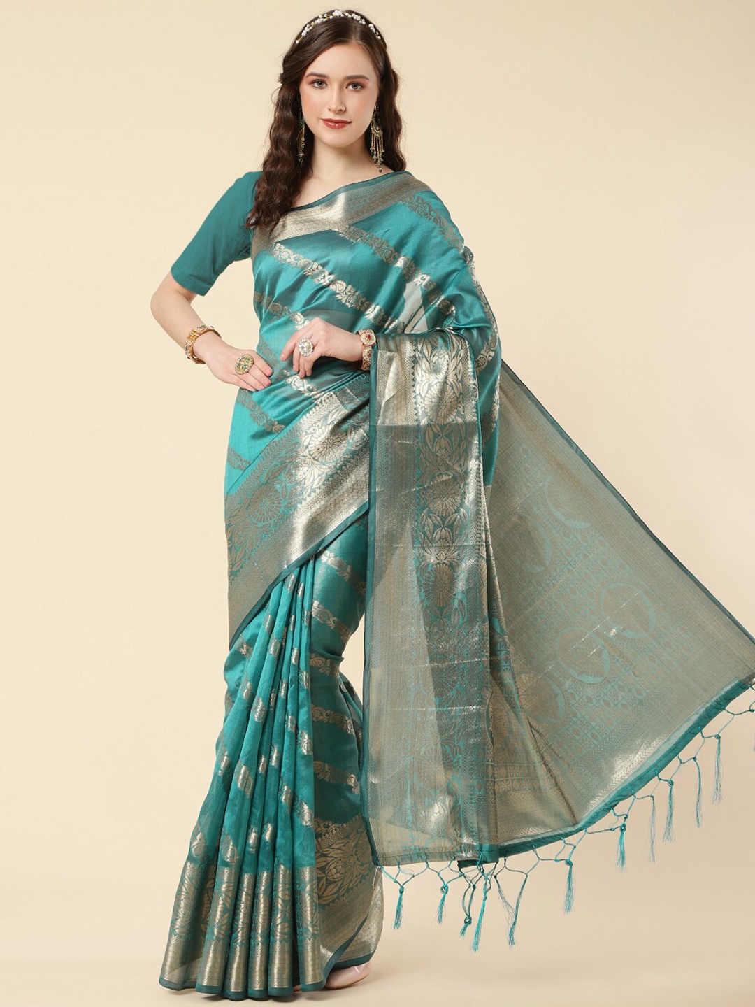 

Wuxi Ethnic Woven Design Zari Organza Saree, Sea green