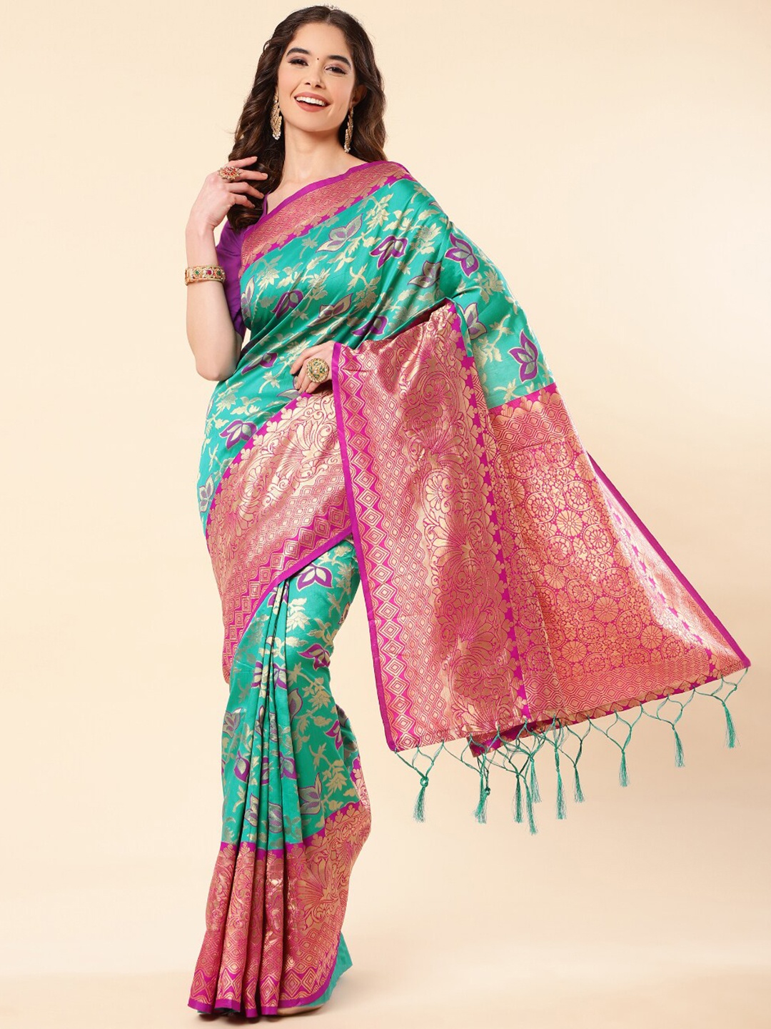

Wuxi Floral Woven Design Zari Pure Silk Banarasi Saree, Sea green