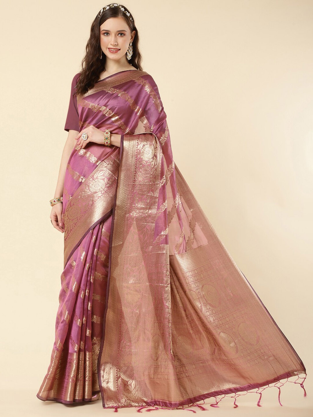 

Wuxi Ethnic Woven Design Zari Organza Saree, Purple