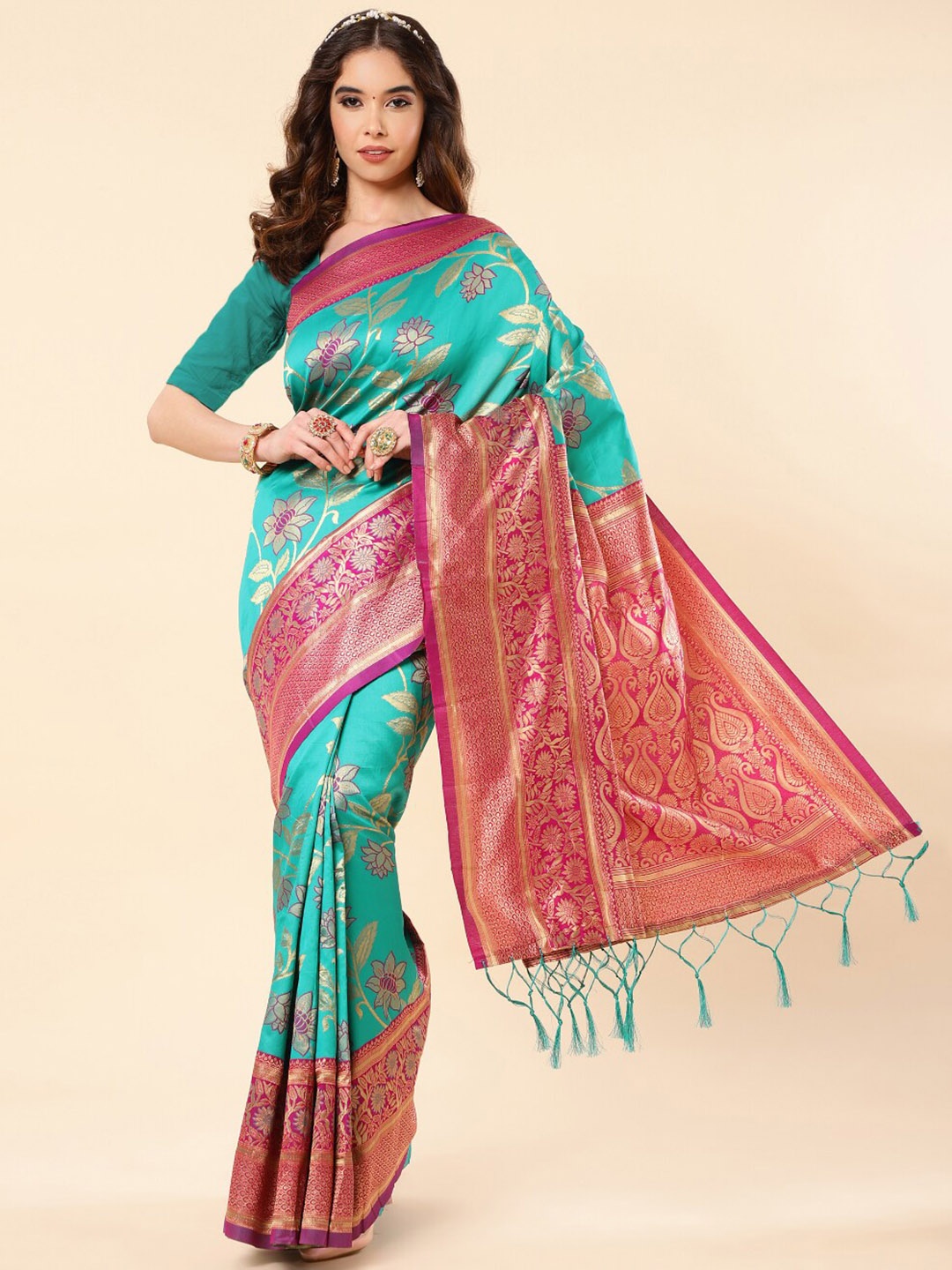 

Wuxi Floral Woven Design Zari Pure Silk Banarasi Saree, Sea green