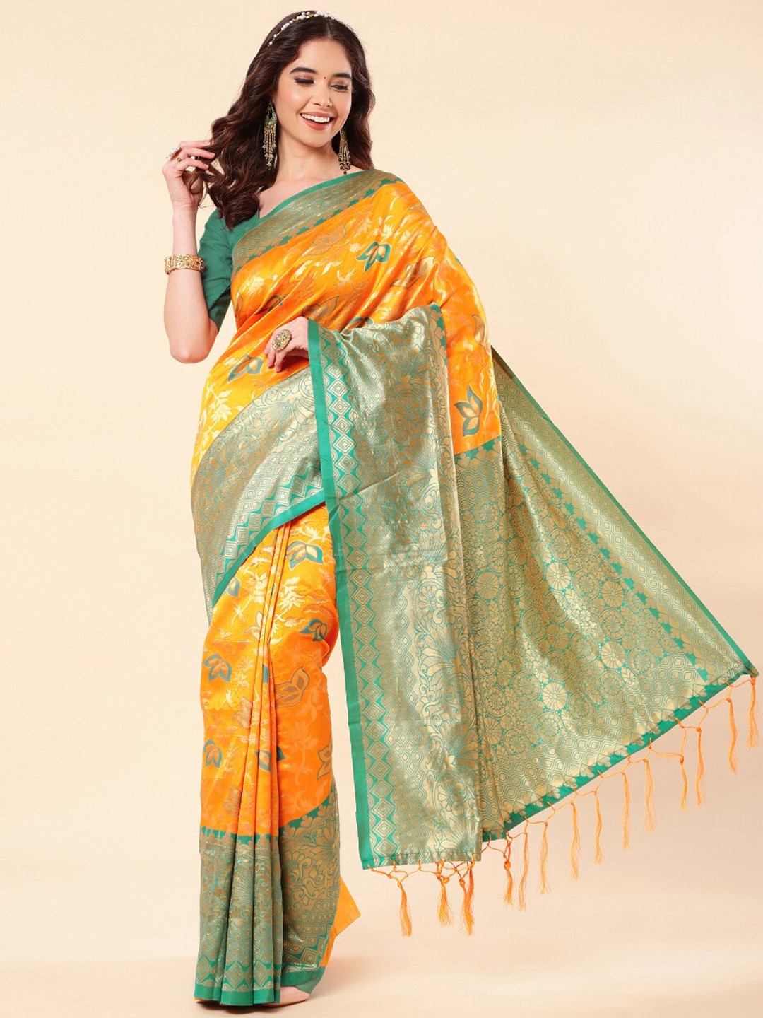 

Wuxi Floral Woven Design Zari Pure Silk Banarasi Saree, Yellow