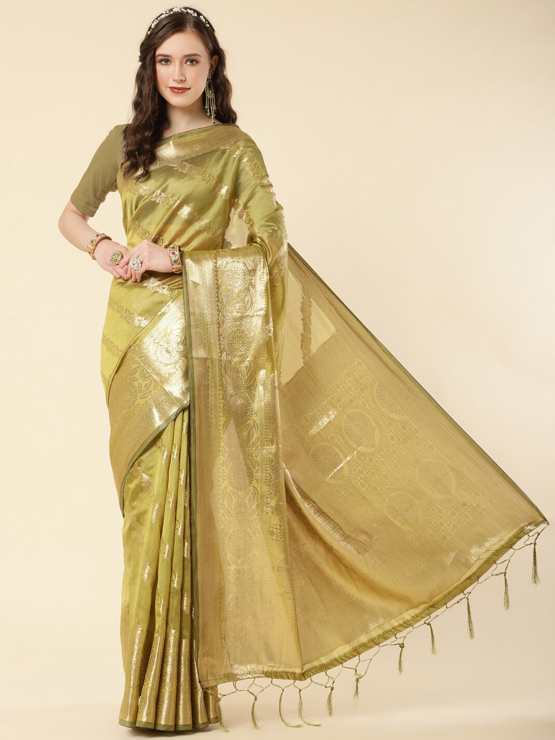 

Wuxi Ethnic Woven Design Zari Organza Saree, Green