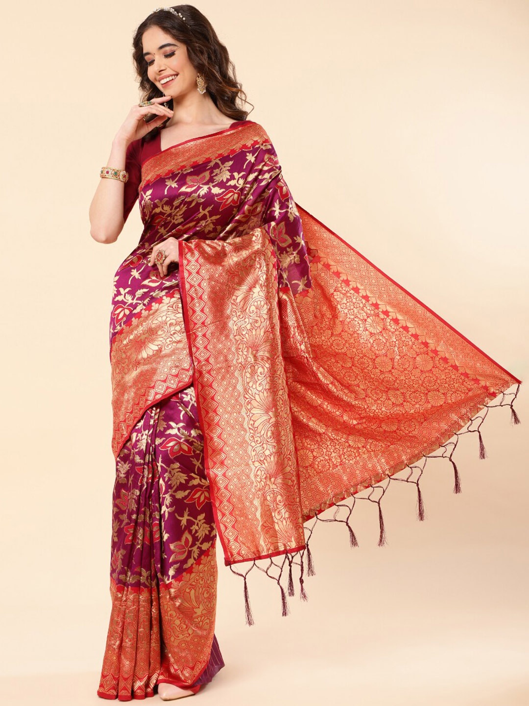 

Wuxi Floral Woven Design Zari Pure Silk Banarasi Saree, Purple