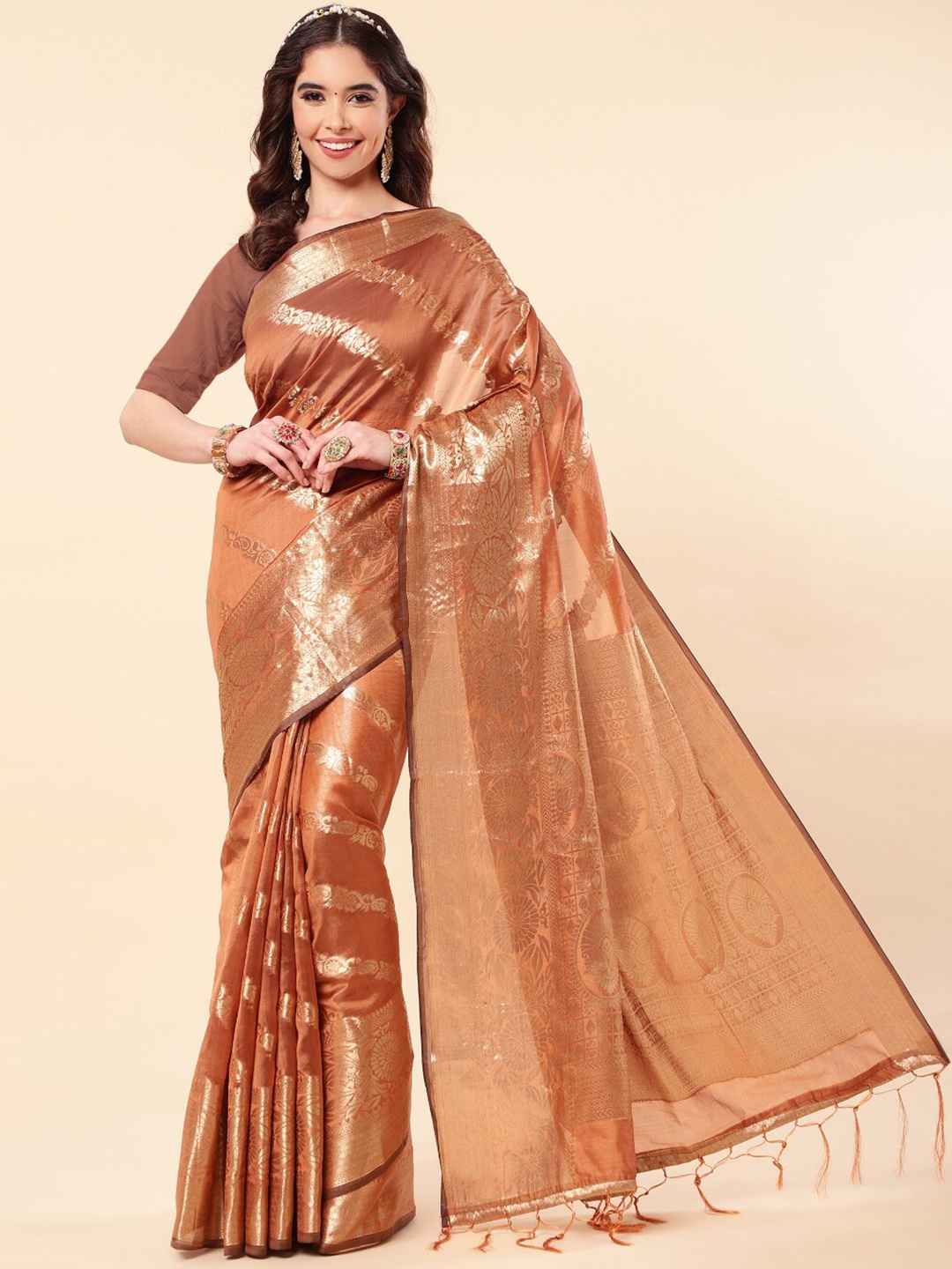 

Wuxi Ethnic Woven Design Zari Organza Saree, Brown
