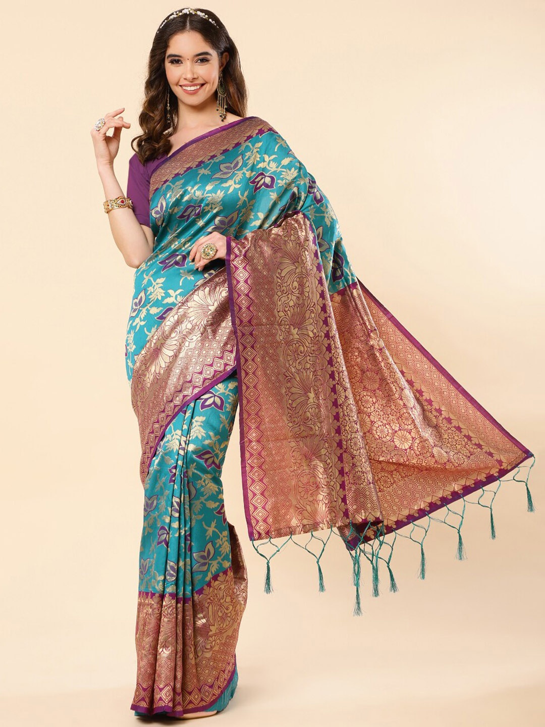

Wuxi Floral Woven Design Zari Pure Silk Banarasi Saree, Blue