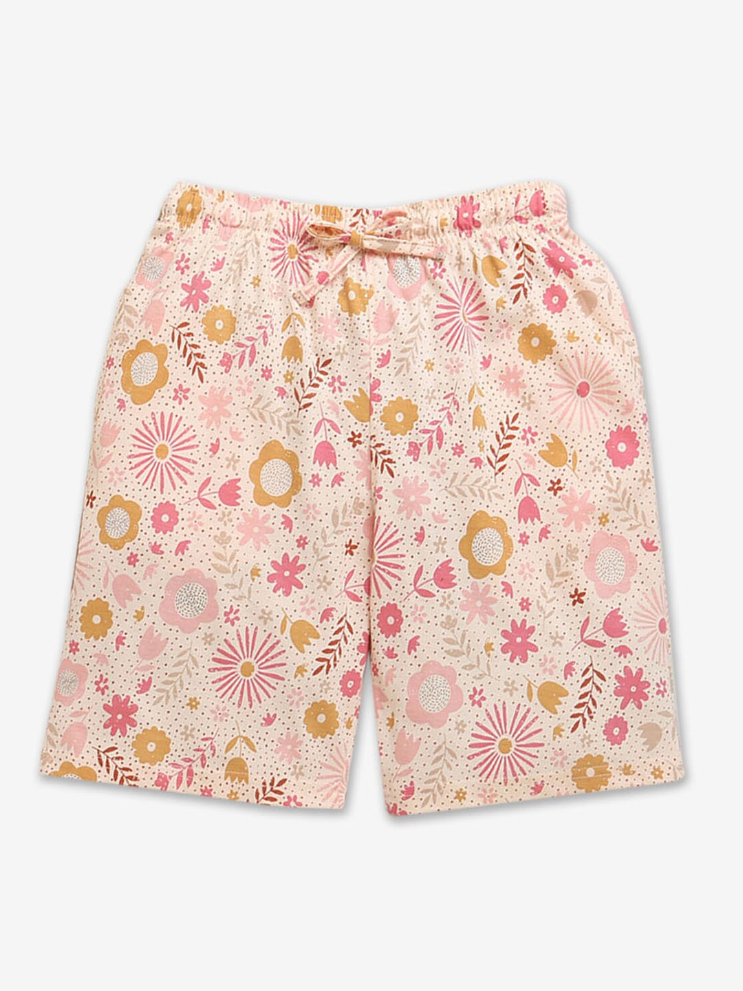 

Hopscotch Girls Floral Printed High-Rise Cotton Shorts, Beige