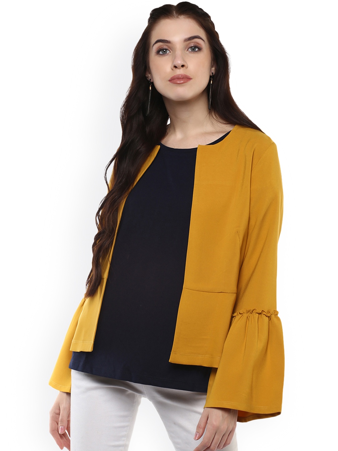 

Harpa Women Mustard Yellow Solid Open Front Jacket