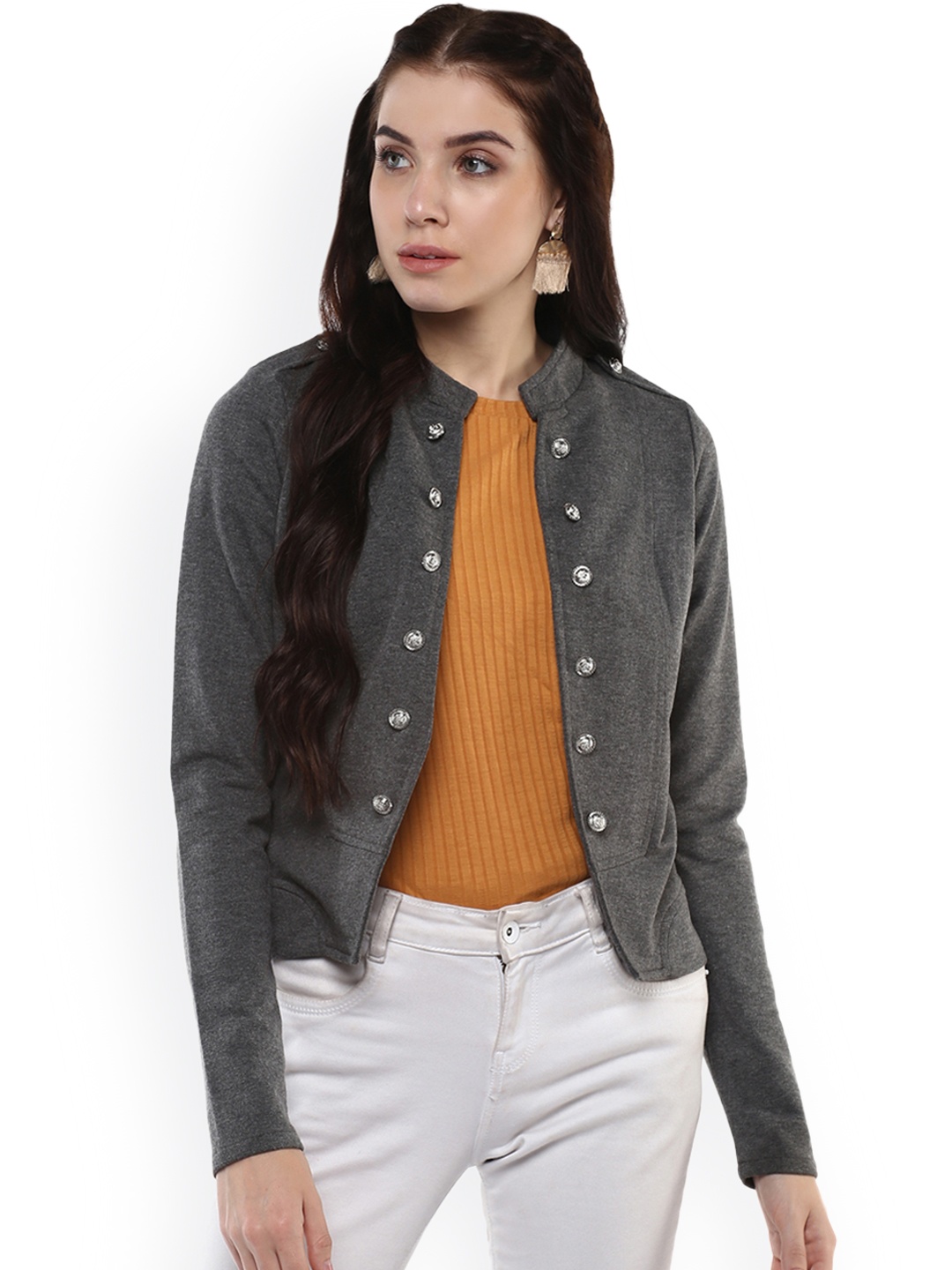 

Harpa Women Grey Solid Open Front Jacket