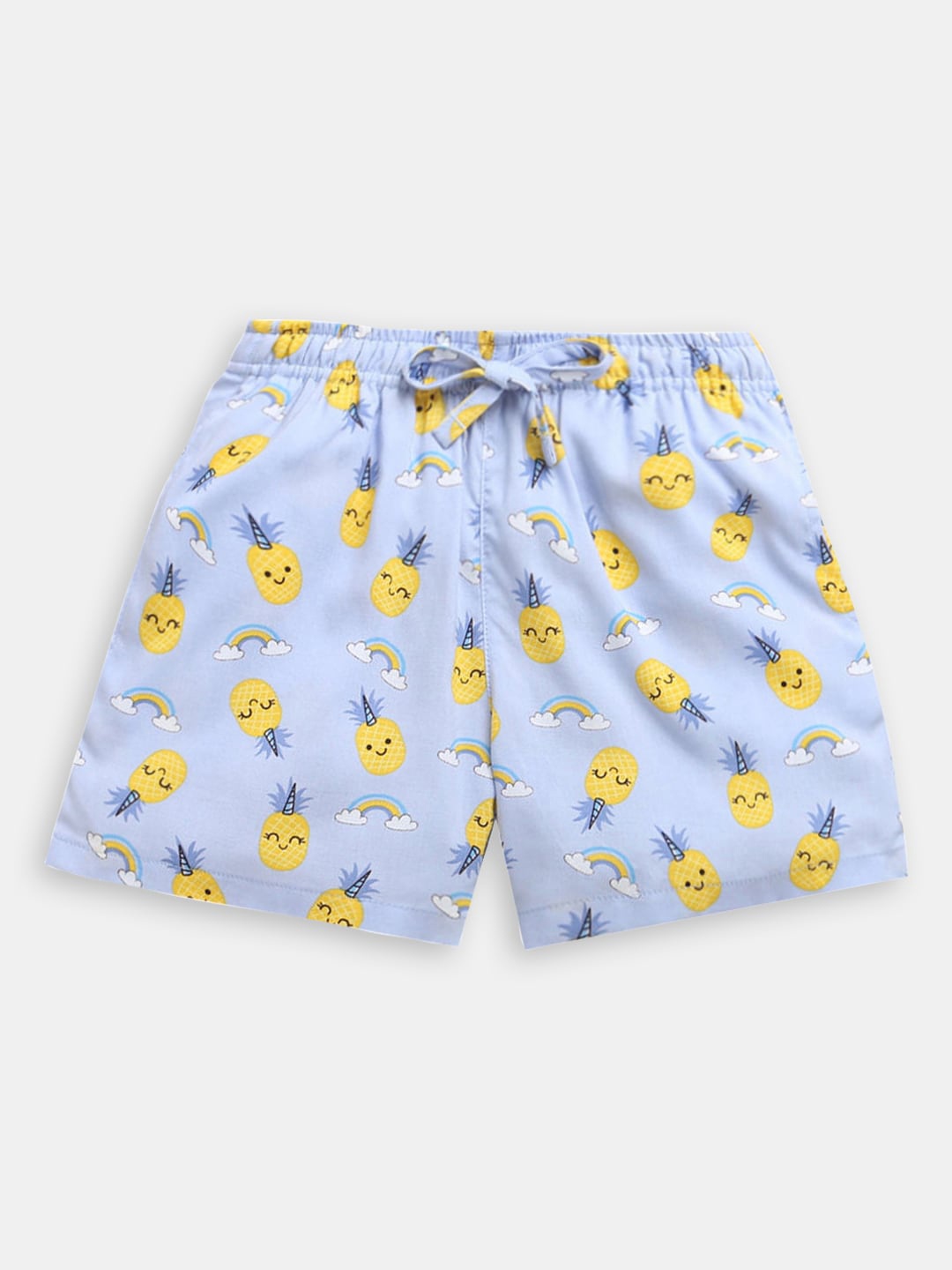 

Hopscotch Girls Graphic Printed Cotton High-Rise Shorts, Blue