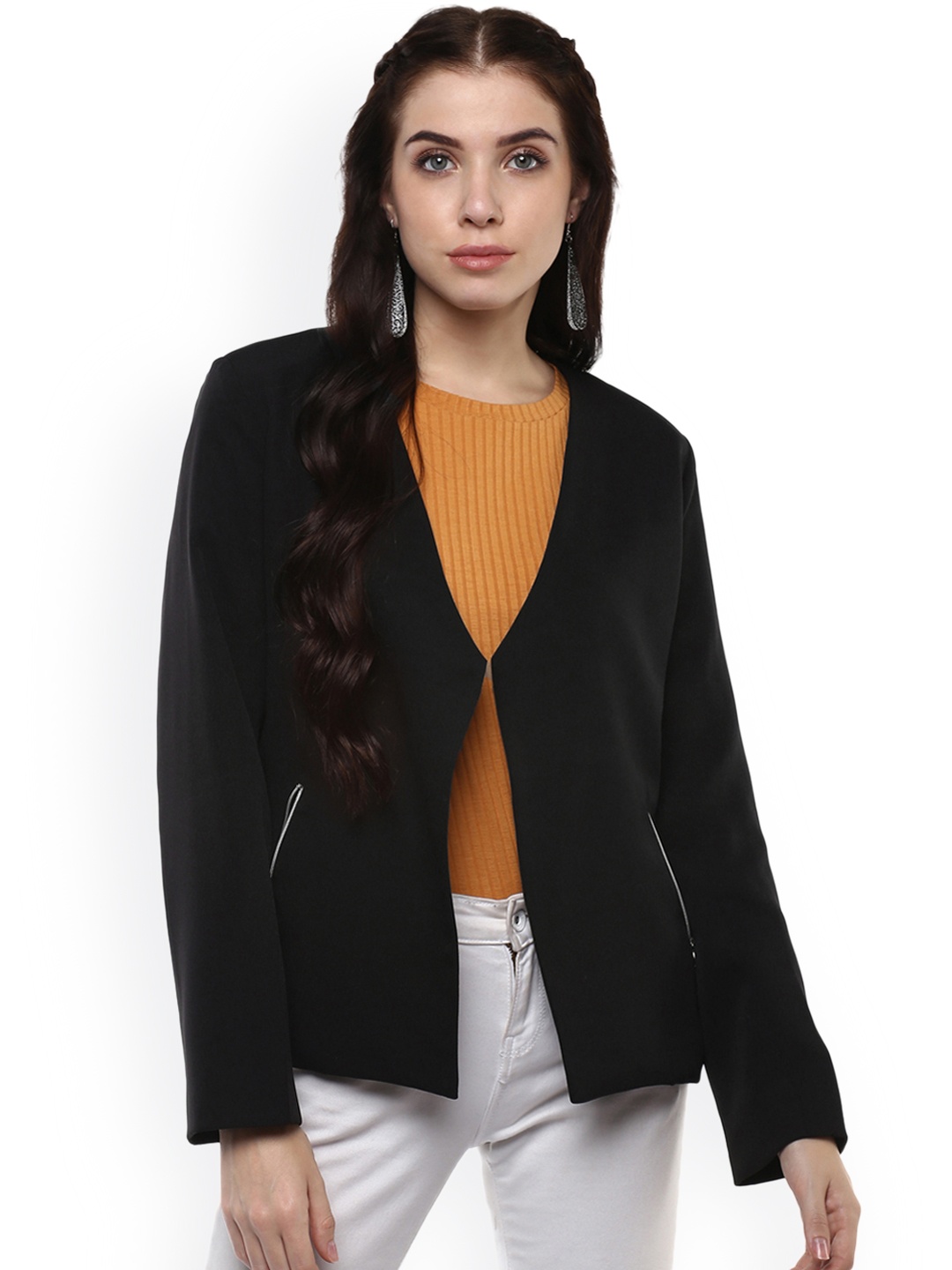 

Harpa Women Black Solid Open Front Jacket