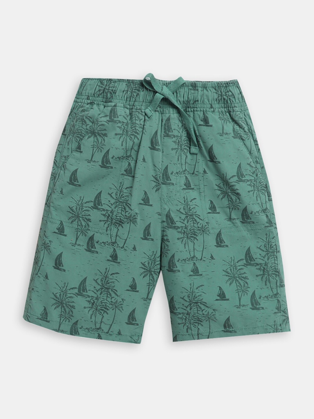 

Hopscotch Boys Graphic Printed Cotton High-Rise Shorts, Green